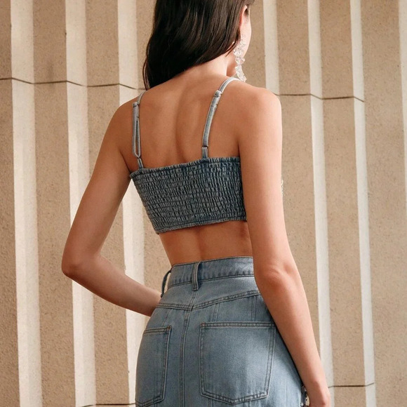 Blue Party Women's Fashion Luxury Beaded Denim Camisole Top - Picture 4 of 7